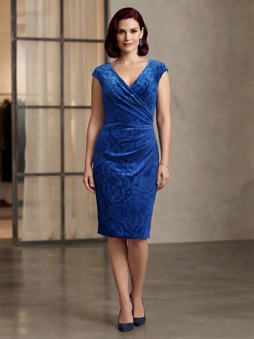Ralph Lauren Y2K Elegant Royal Blue Cap-Sleeve V-Neck Ruched Midi Dress